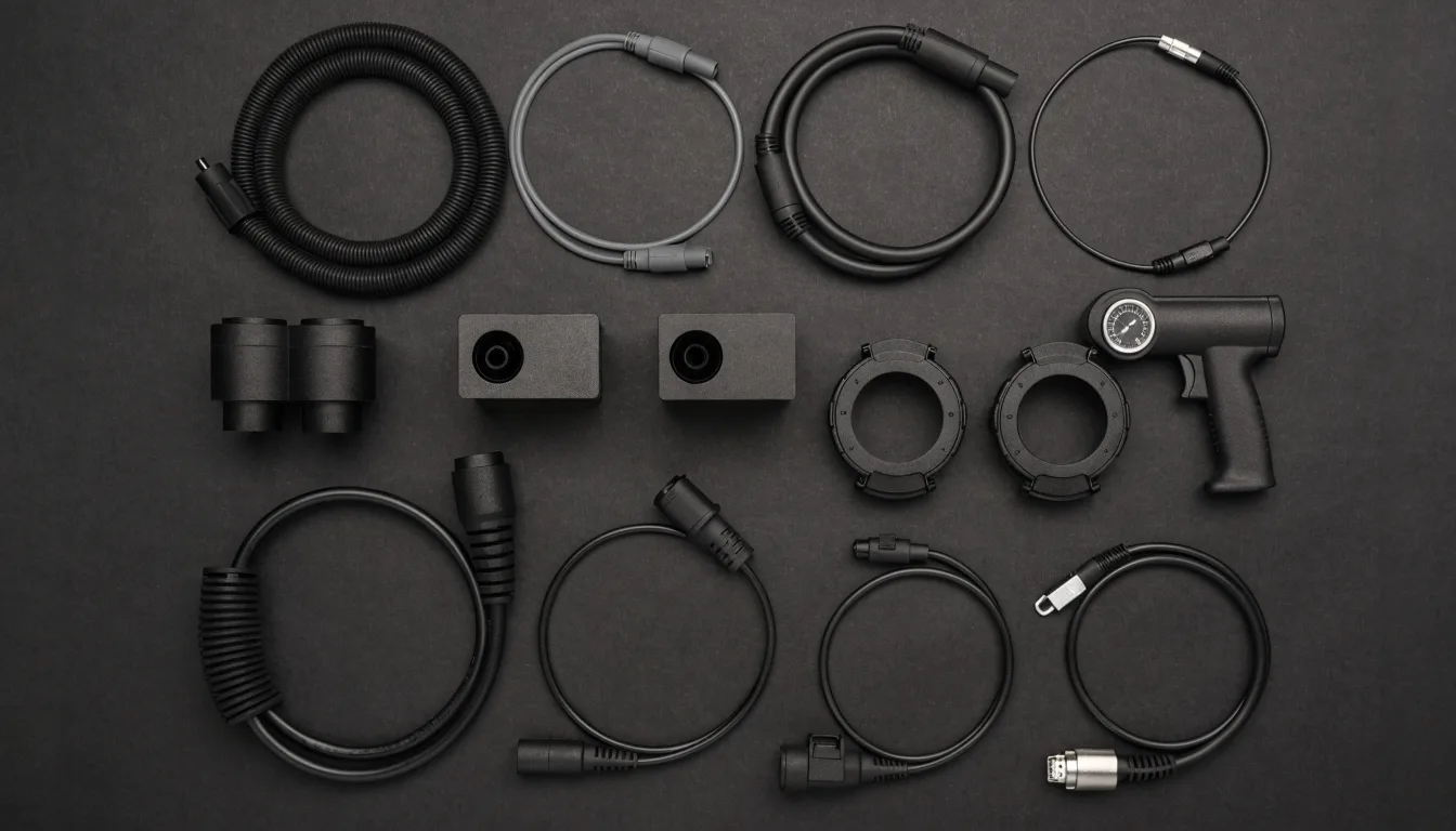 A flat-lay of electric vehicle accessories on a dark surface, including cables, adapters and a tyre inflator.