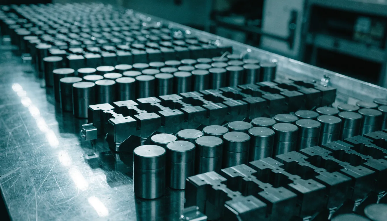 Ordered rows of cylindrical battery cells and busbars on a workshop bench.
