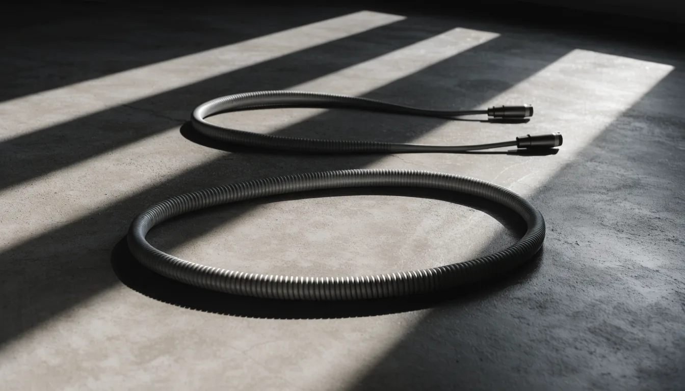A long charging cable laid out in an S curve on a clean concrete floor under strong directional light.