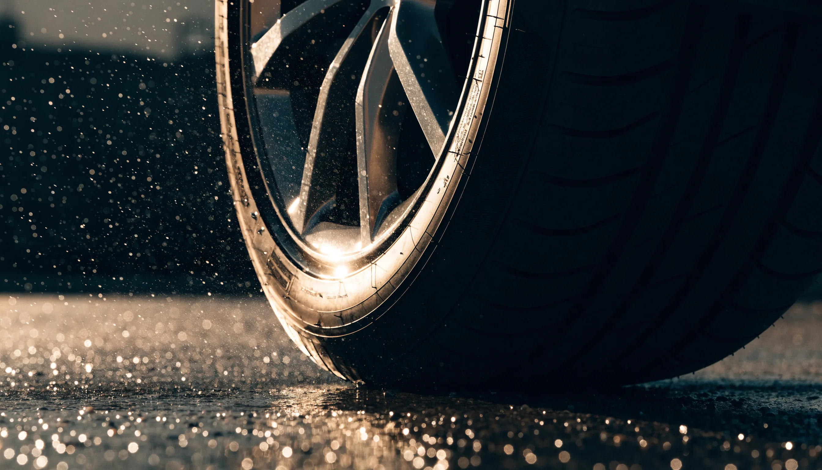Low-angle detail of an electric vehicle tyre and alloy wheel on wet asphalt, with spray caught in motion.