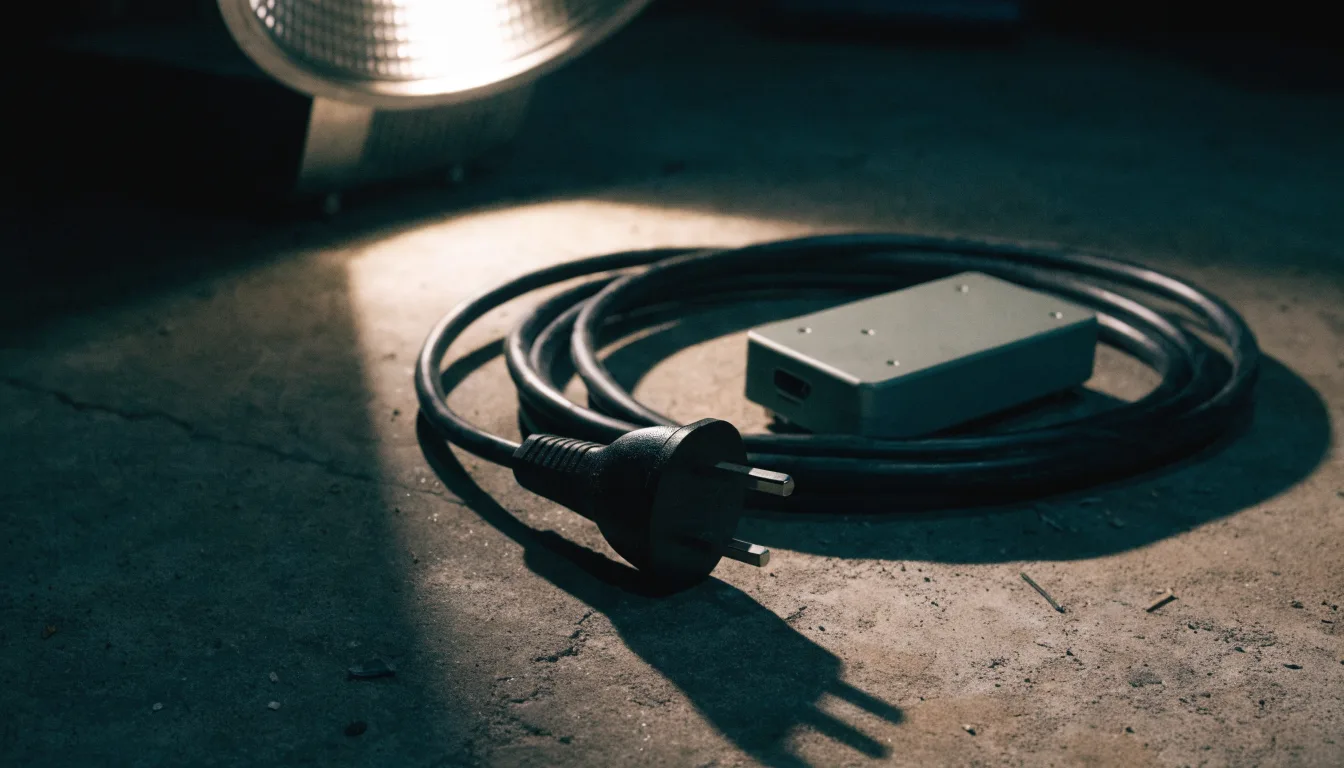 A domestic three-pin plug and a portable charging unit on a garage floor beside a coiled cable.