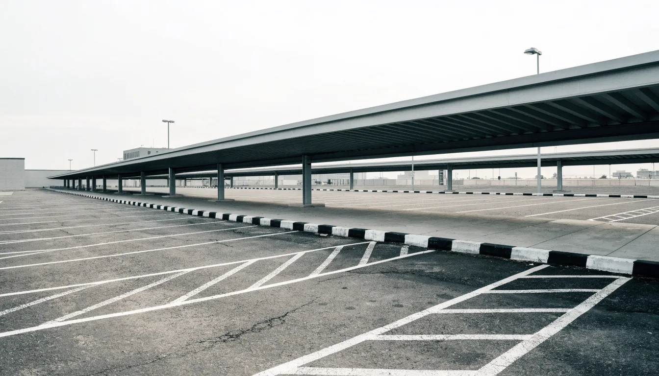 A wide bank of charging bays beneath a metal canopy in a large retail park car park.