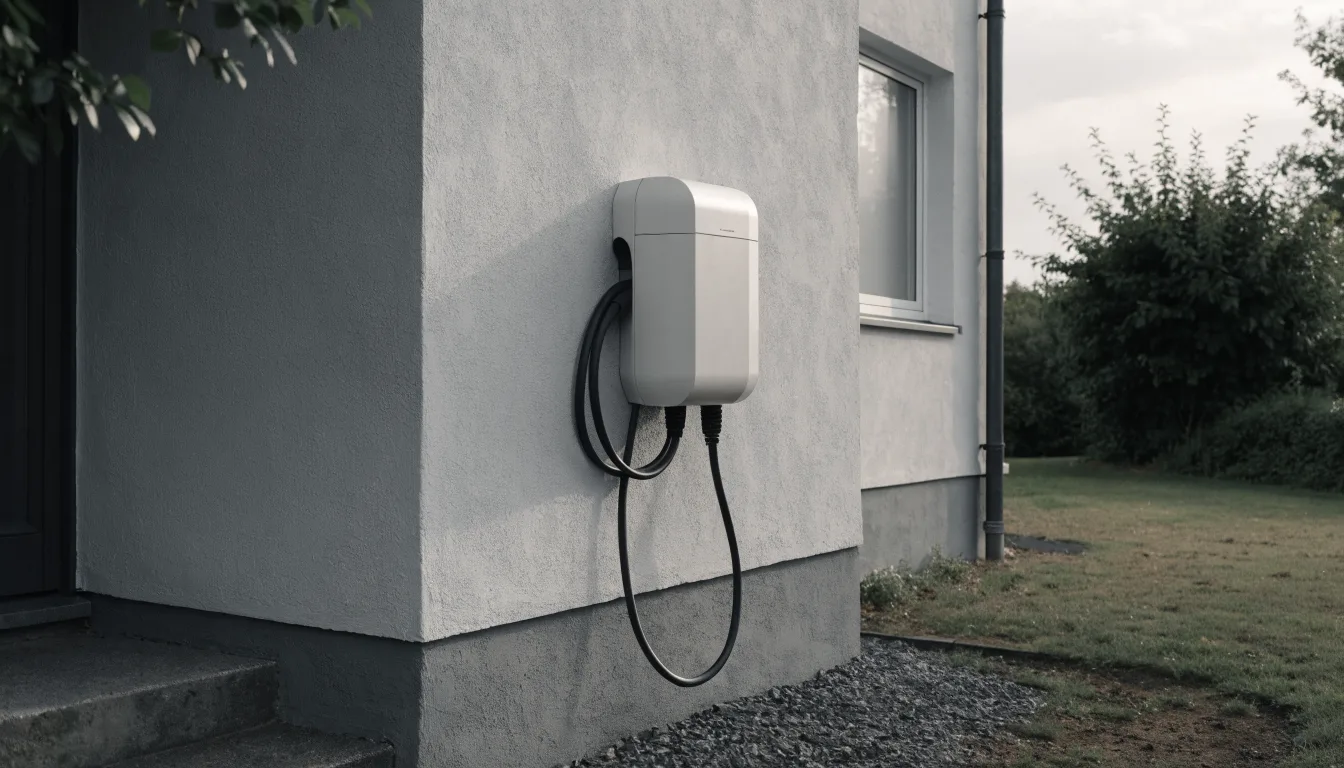 A wall-mounted home electric vehicle charging unit fitted to a rendered exterior house wall.