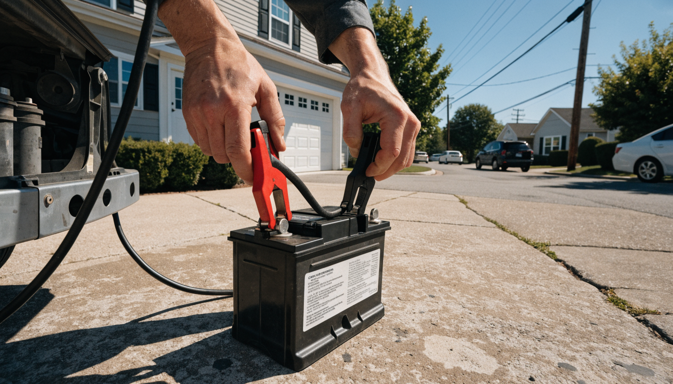 Bare hands clip red and black cables onto a car battery terminal, with a row of suburban houses lined up down the street beyond.