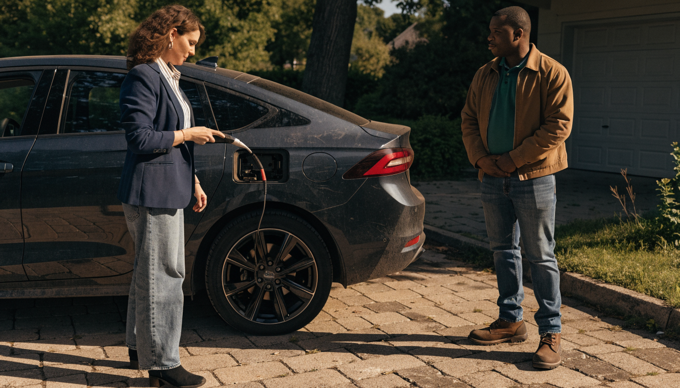 Two people stand next to a parked electric car on a residential drive while one leans toward the open charging socket with a handheld tester.