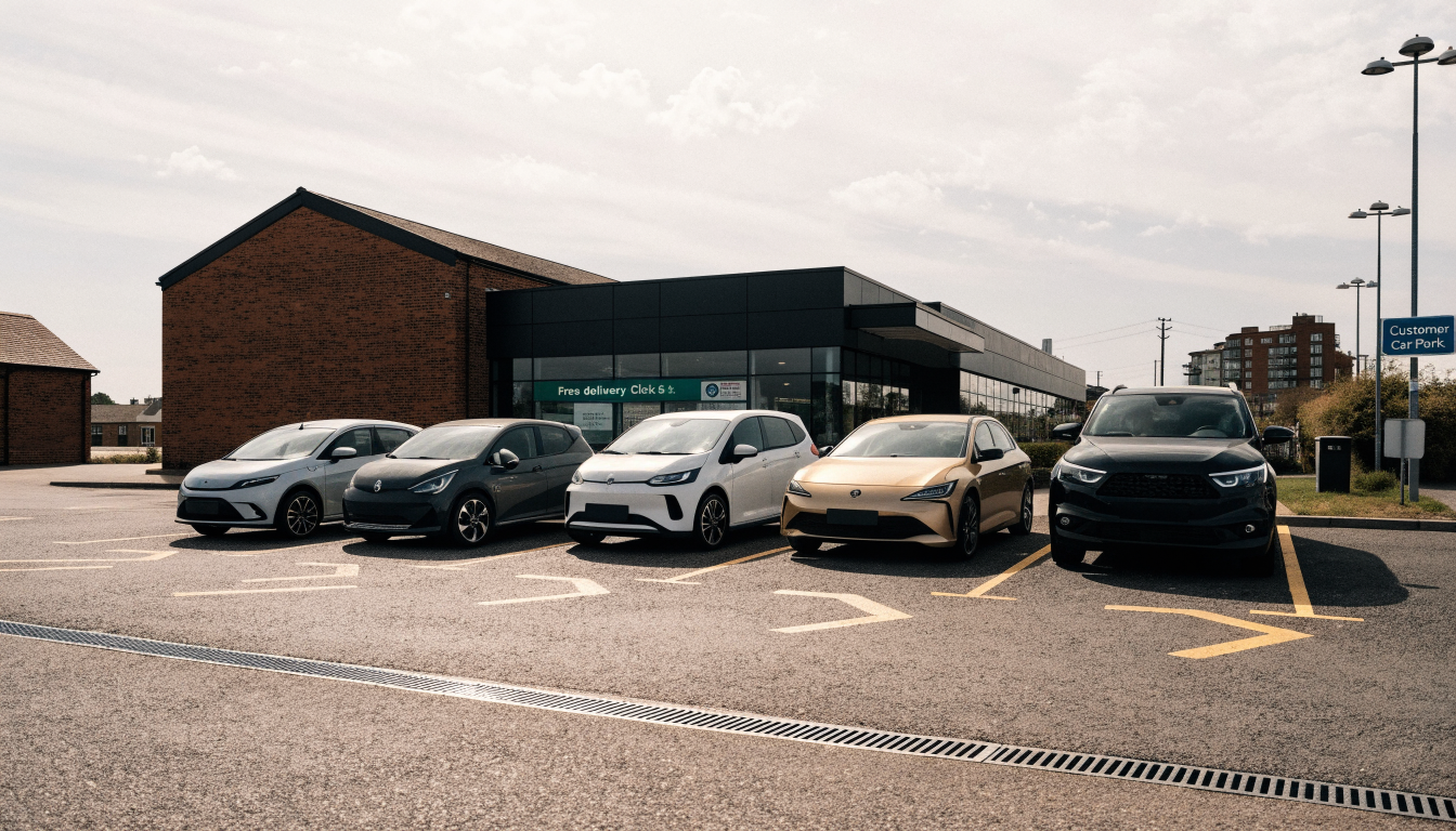 Five different electric cars of varied sizes parked side by side in a UK supermarket car park, showing the range of styles now on sale.