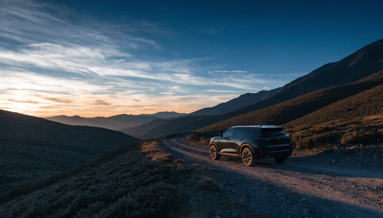 A modern electric SUV in a mountain landscape at sunrise under a dramatic sky.