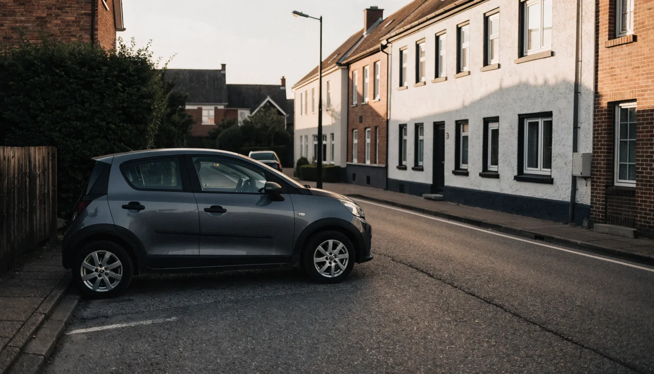 A modest electric hatchback parked on a quiet residential street in soft morning light.
