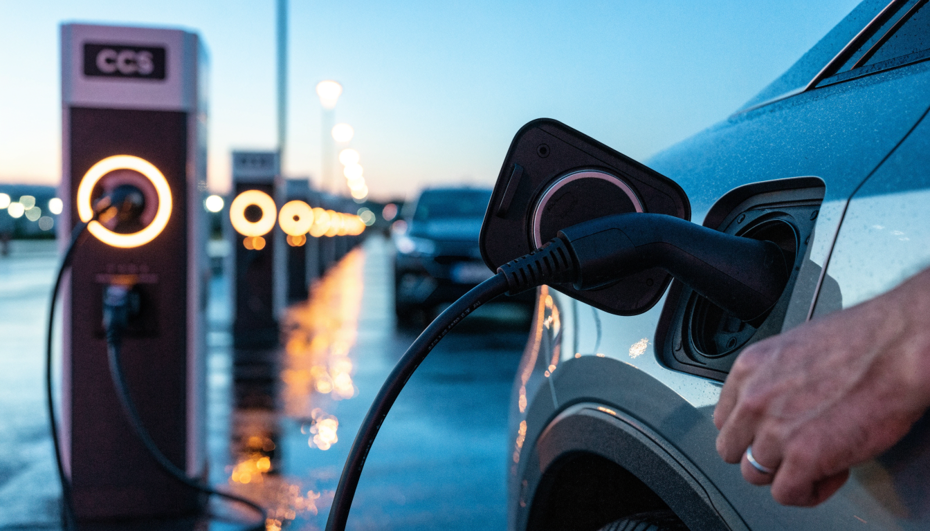 A charging cable connected to a Ford electric SUV at a rapid hub at dusk, with the charger's amber ring reflected on wet tarmac.