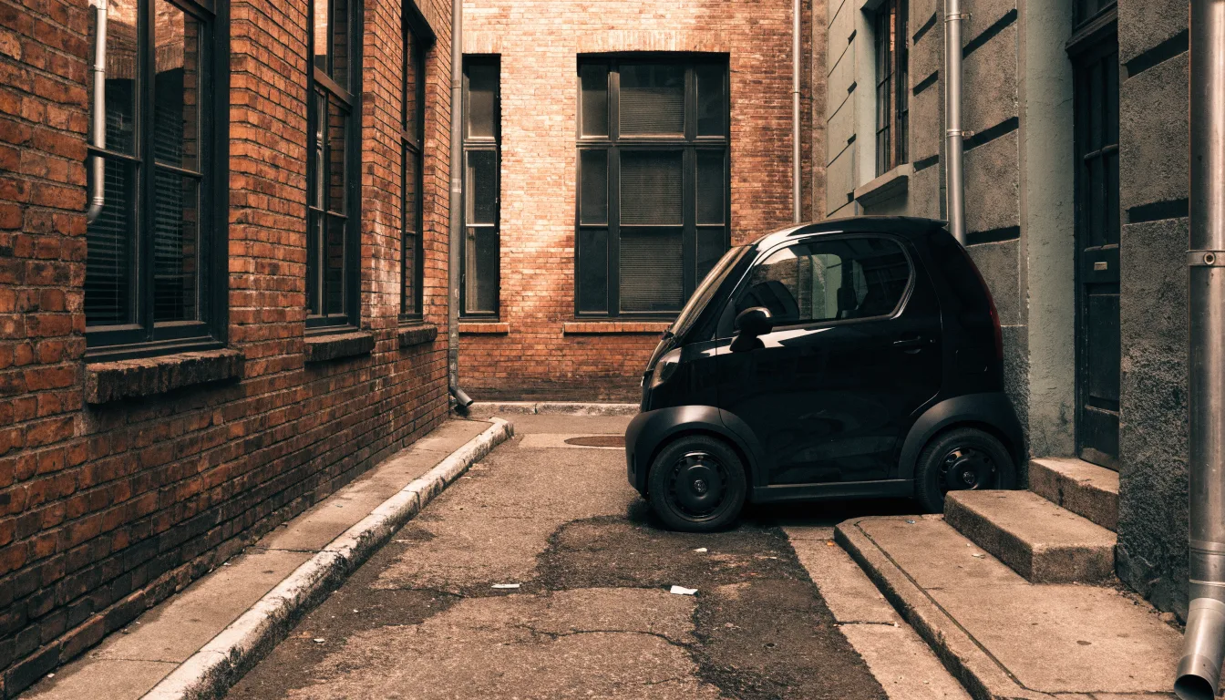 A compact electric city car parked in a tight urban space between two brick buildings.