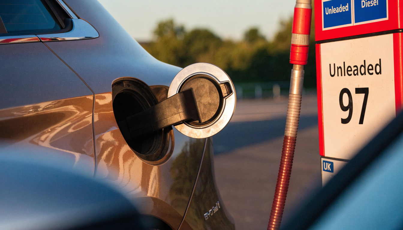 Close-up of a bronze BYD Seal U SUV at a UK petrol station, its fuel filler cap open ready for the pump, at dusk.