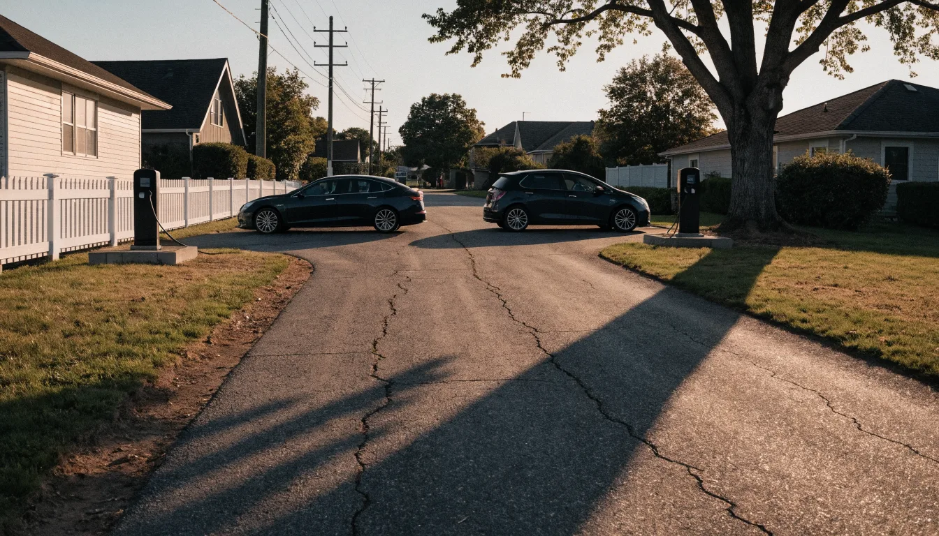 Two electric cars parked side by side on a wide double driveway, both connected to charging units.