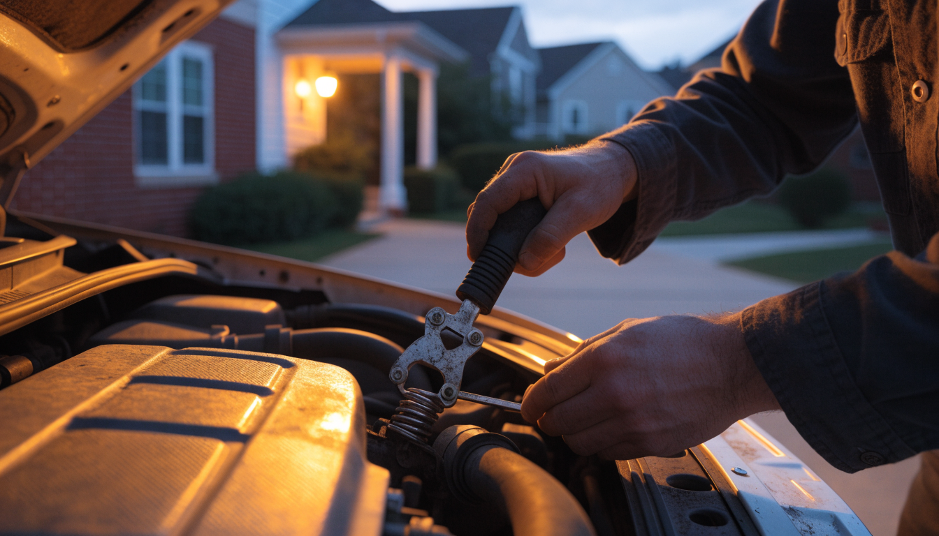 A mechanic's hands tighten a terminal clamp onto a car battery under an open bonnet, lit by a porch lamp as evening falls.