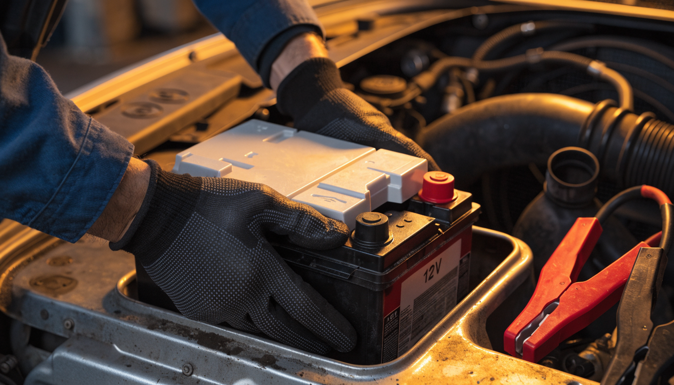 Close view of gloved hands removing a compact black battery from beneath the bonnet of a car in a repair bay.