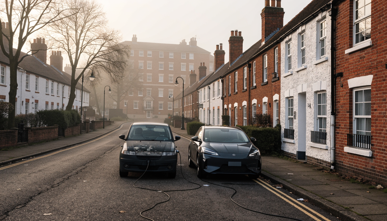Two electric cars of noticeably different ages parked one behind the other on a quiet UK street in morning fog.