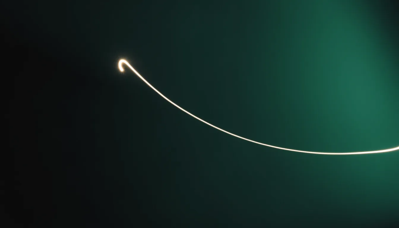 An abstract curved light trail arcing across a dark green and charcoal background, suggesting a rising and falling curve.