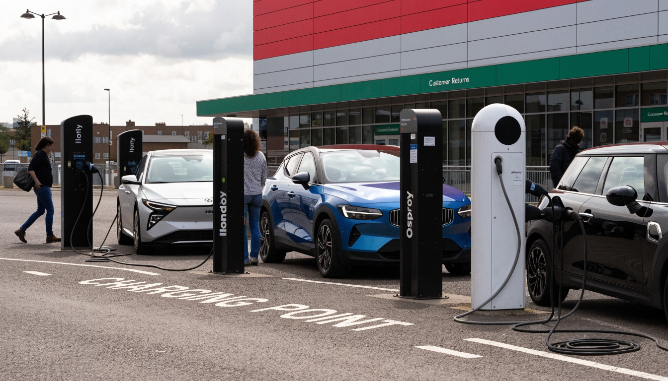 A supermarket car park charging hub with several different-branded charge points and three different makes of electric car plugged in.
