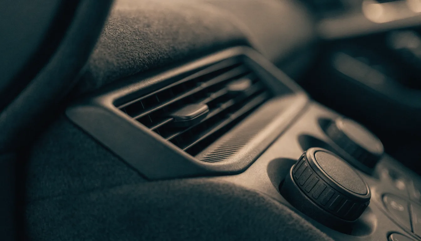 Close-up of a car interior air vent and climate control panel in charcoal textured materials.