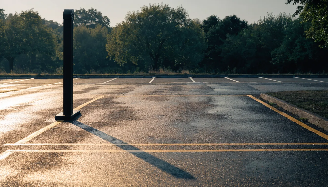 A single empty rapid charging bay marked out in road paint, with a long shadow from the charging post.