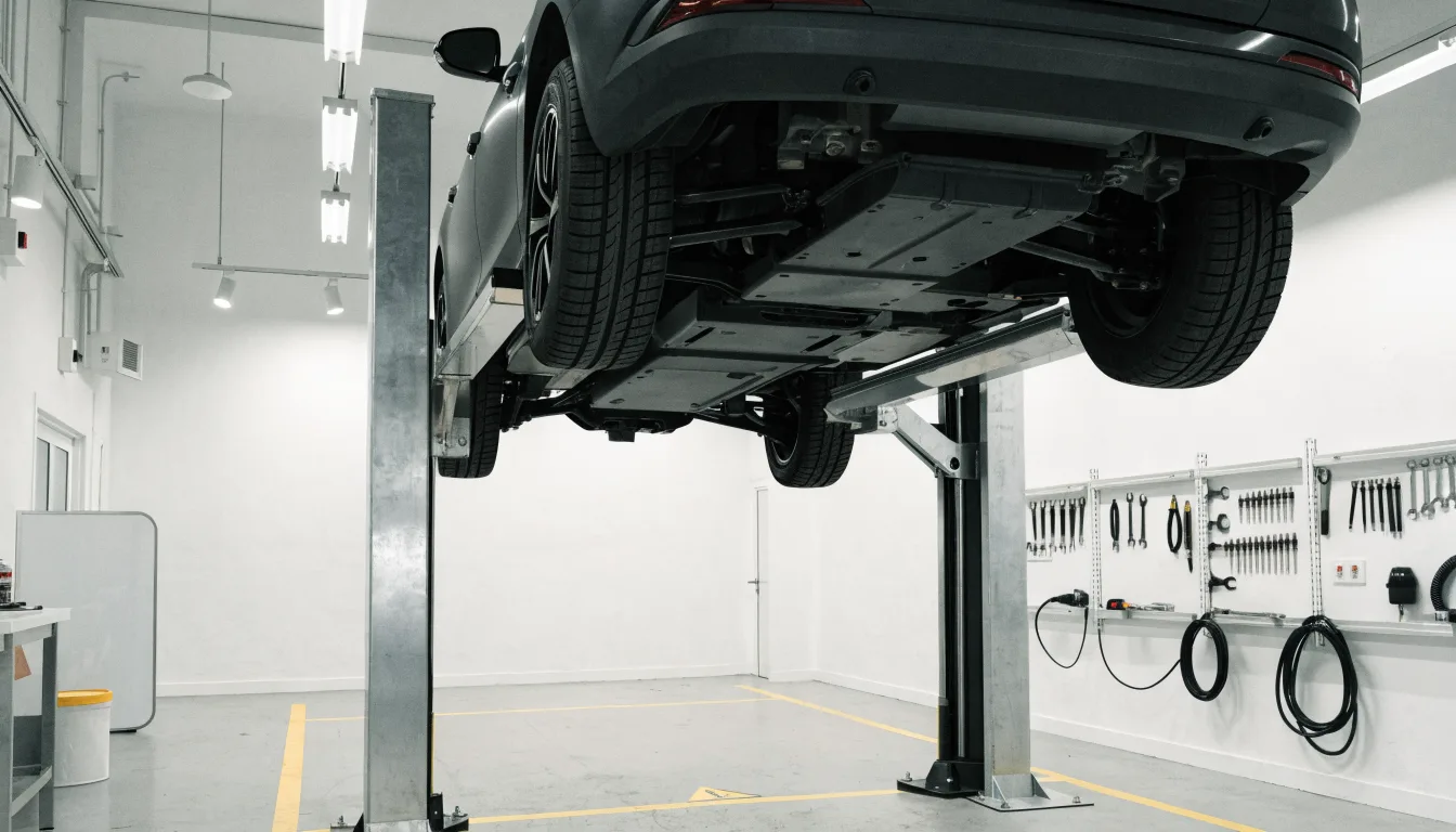 A clean modern service workshop with an electric vehicle raised on a two-post lift.