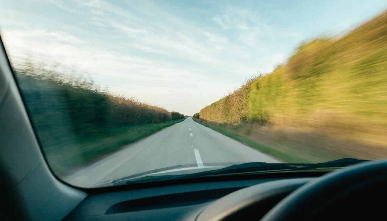 The view through a car windscreen of an open road ahead, hedgerows blurred by motion on either side.