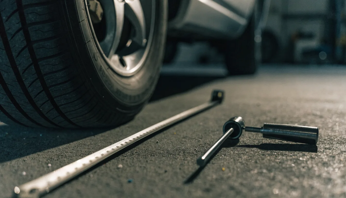 A measuring tape and a tyre tread depth gauge on a dark garage floor beside a wheel.