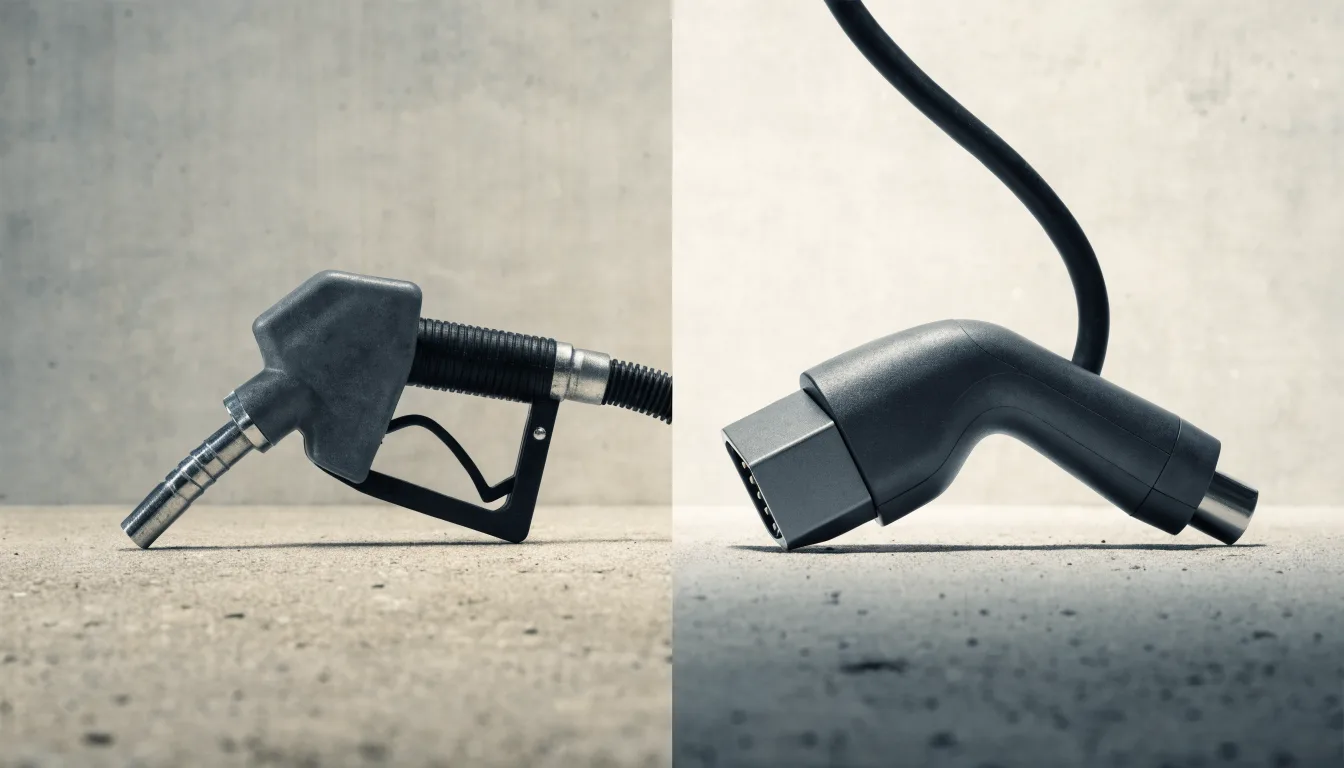 A fuel pump nozzle and an electric charging connector side by side on a neutral concrete surface.