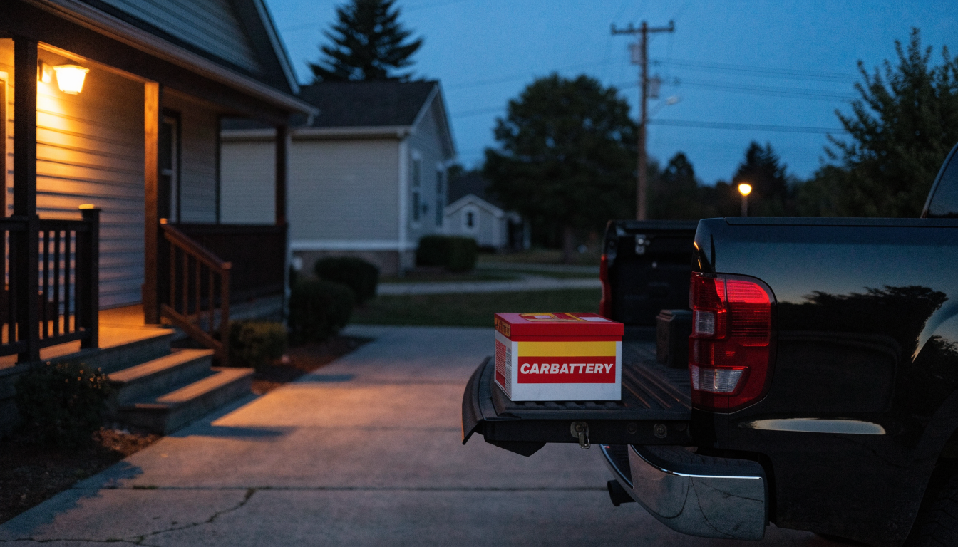 A battery still in its retail box rests on a lowered pickup tailgate, the scene lit by the warm glow of a nearby porch lamp at evening.