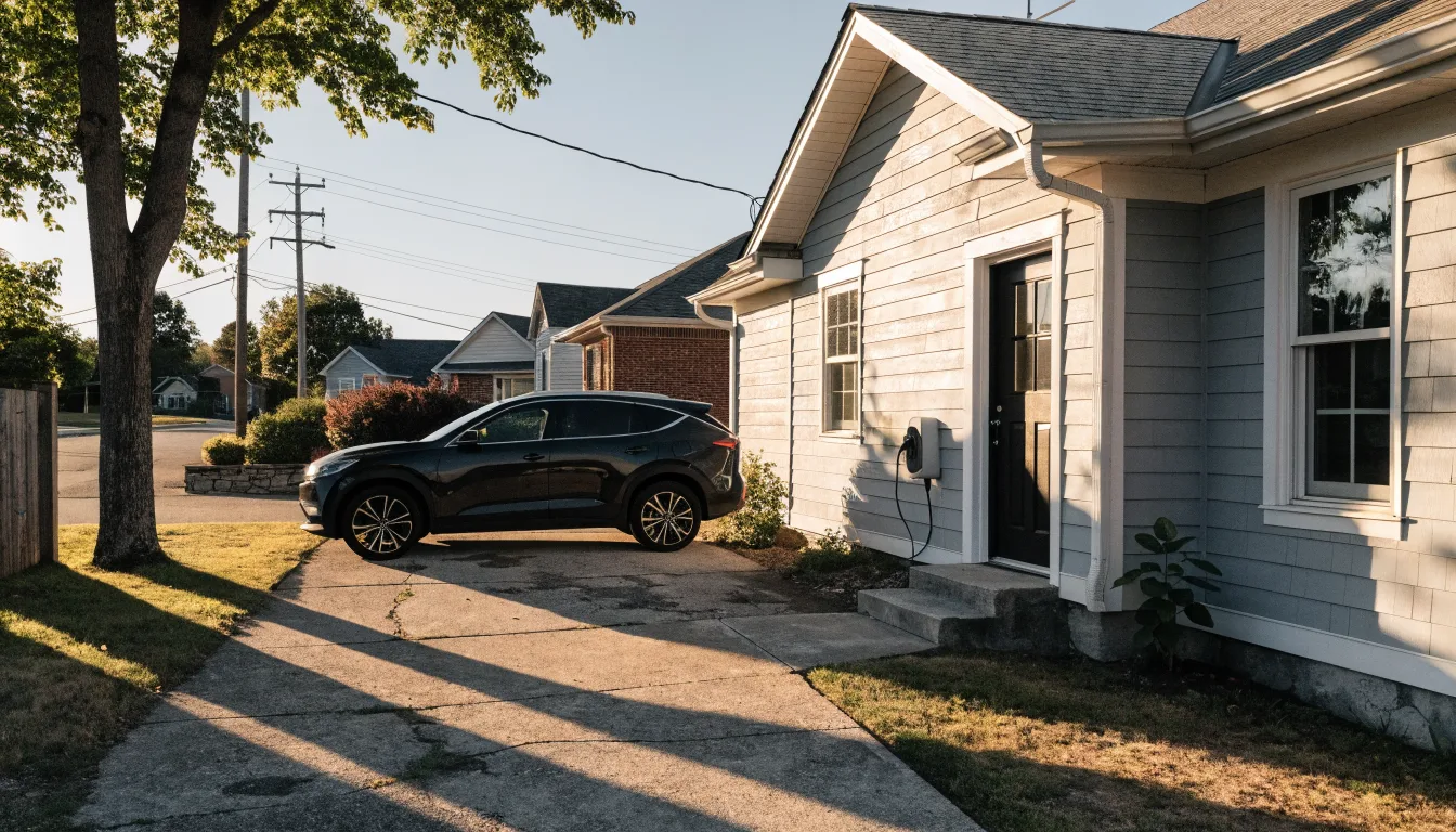 An electric SUV plugged into a wall charger on the driveway of an American suburban home.