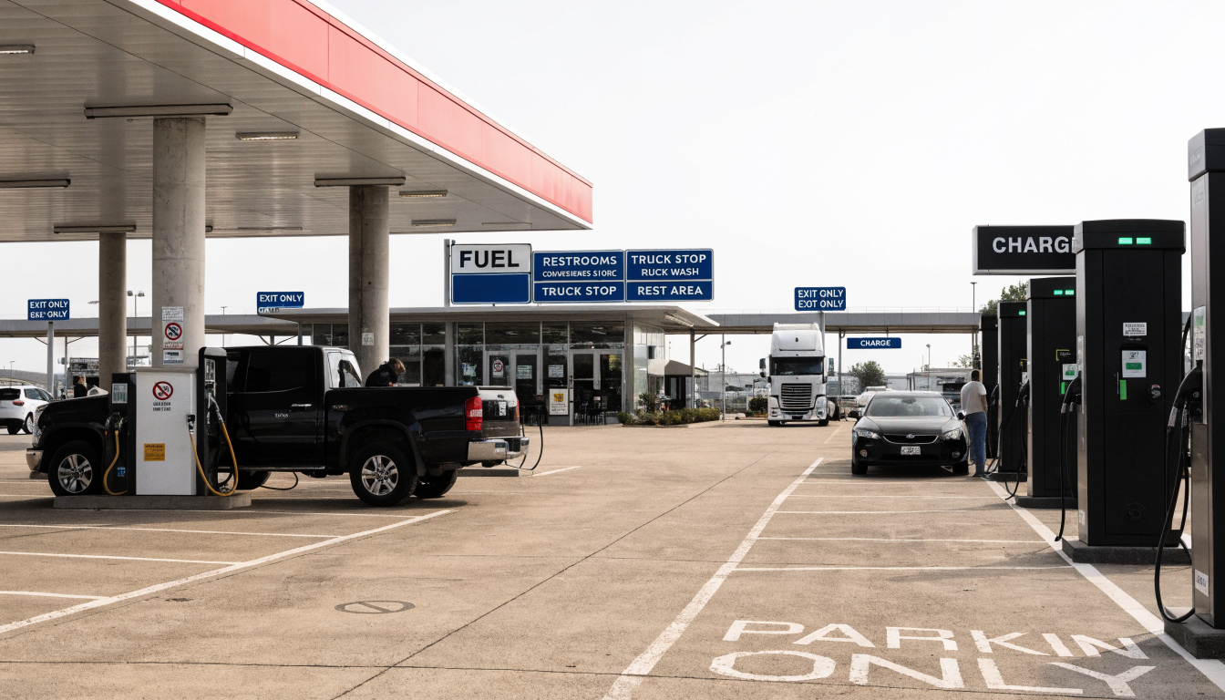 A highway service stop where a truck fills up with fuel while a car charges nearby, under bright midday sky.