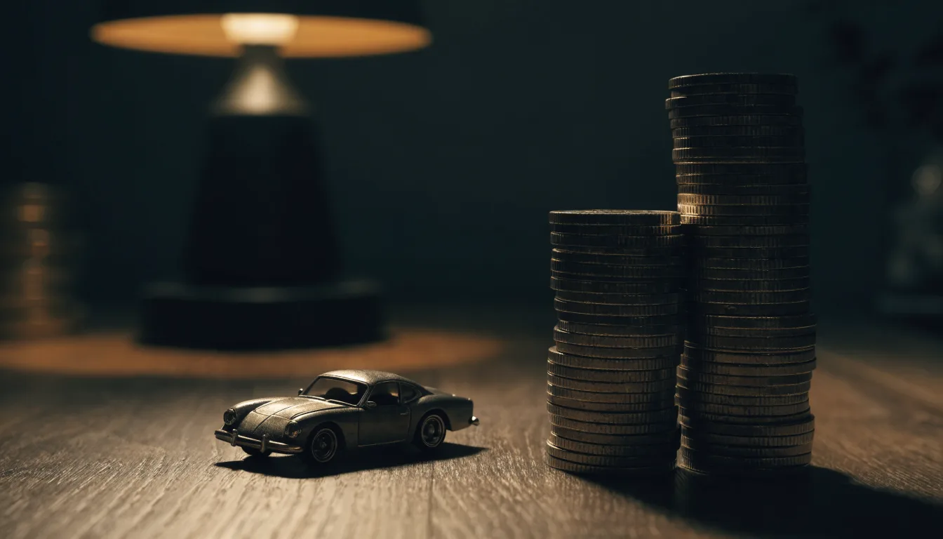 Stacked coins beside a small die-cast car on a dark wooden table under warm lamp light.