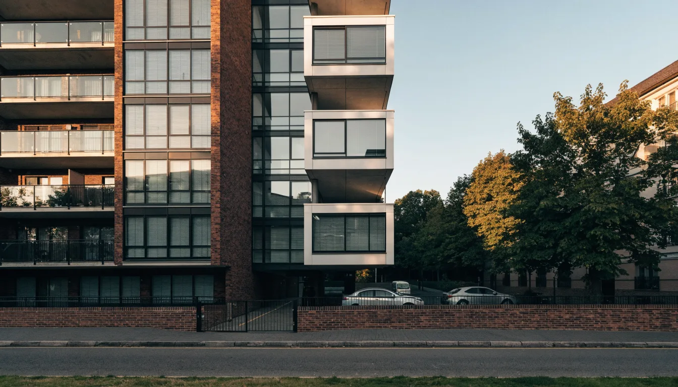 A modern apartment block with a shared residential car park and marked parking bays below.