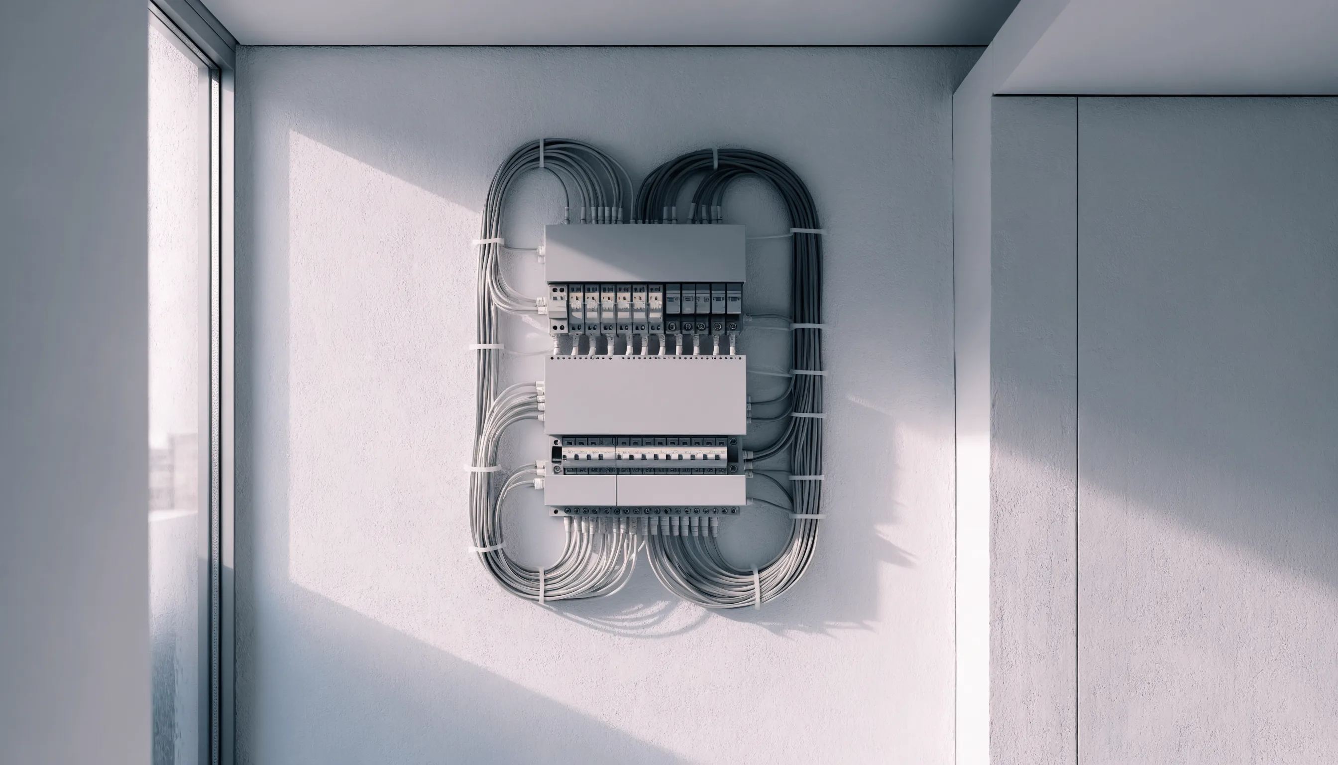 A tidy modern electrical distribution panel on a pale utility room wall with neatly routed cabling.
