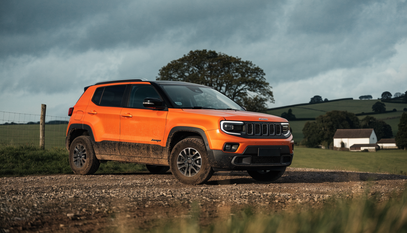 An orange Jeep Avenger small SUV parked on a muddy gravel farm track in the UK countryside under overcast afternoon light.