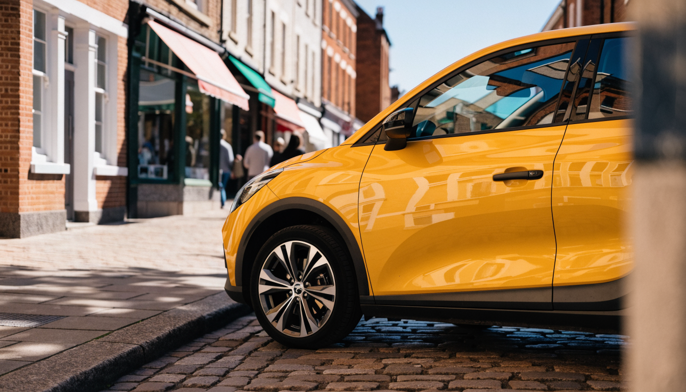 A small yellow SUV stands on an old cobbled shopping street just after sunrise, storefronts and awnings lining the pavement behind it.