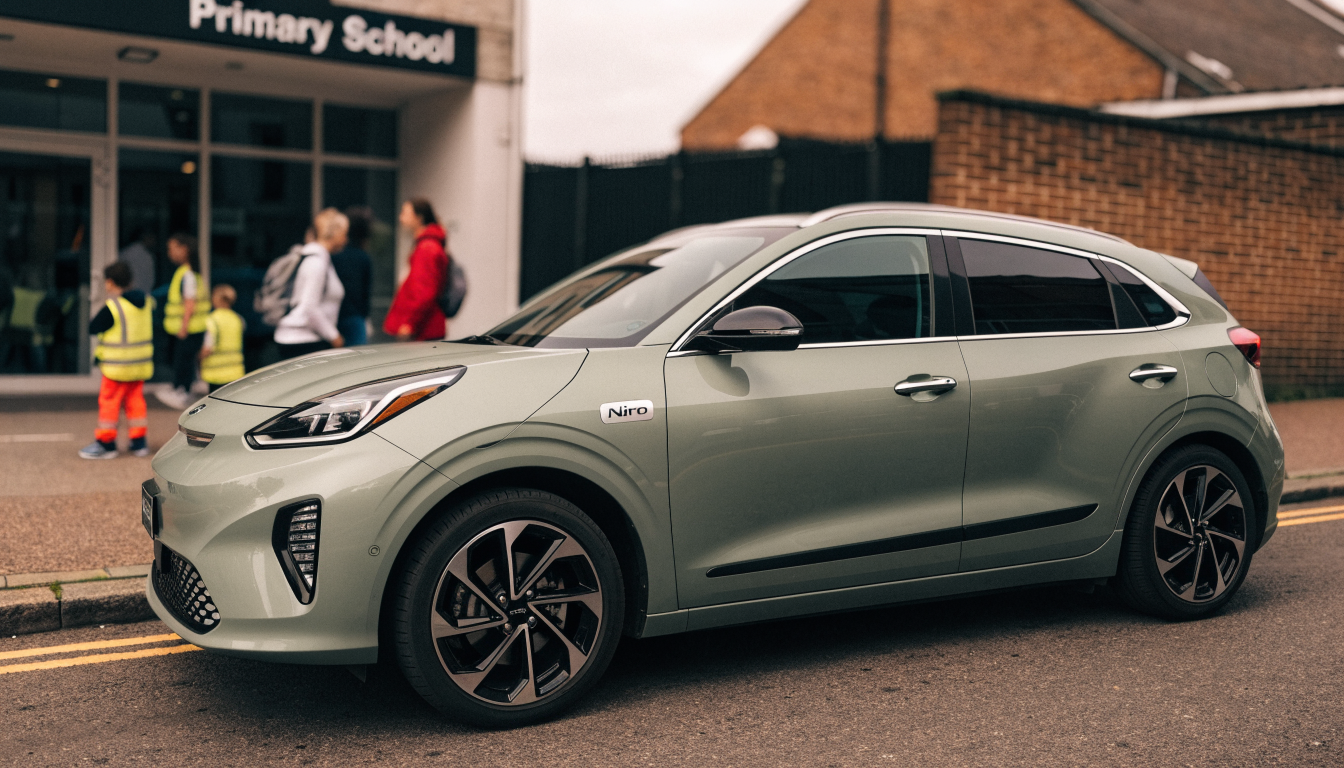 A muted green Kia Niro SUV sits outside a UK school gate at the end of the day, with families gathering nearby.