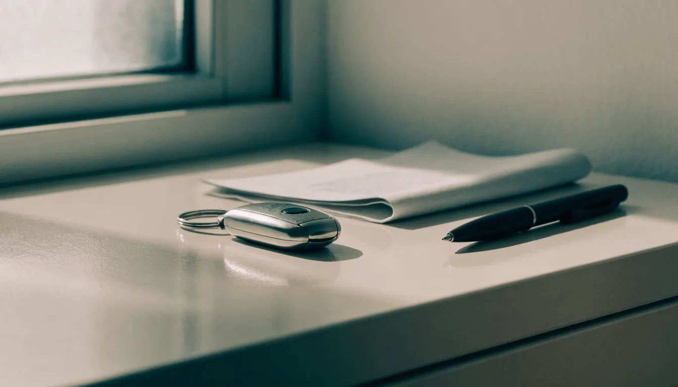 A car key fob and a folded paper document on a pale desk beside a pen.