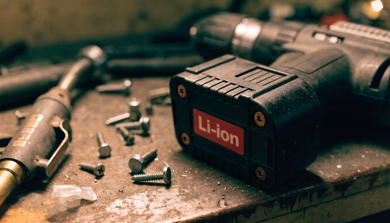 A yellow-and-black cordless tool battery pack sits among scattered screws and a torch on a wooden workbench.