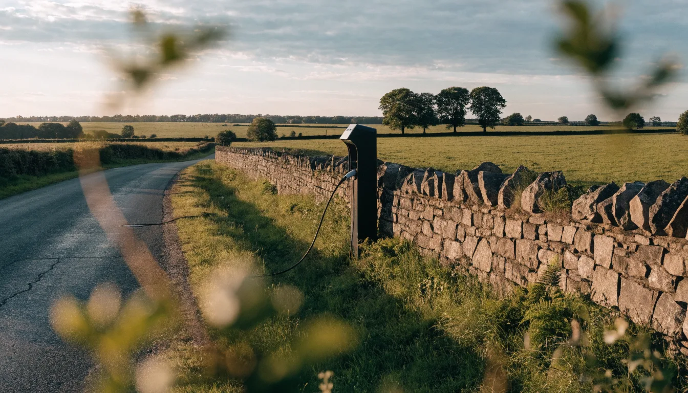A rural roadside charging point beside a stone wall, with open green fields behind.