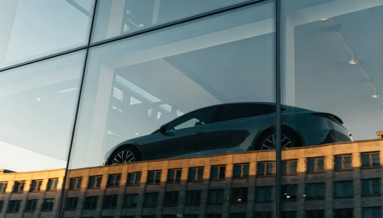 A modern electric car reflected in the glass facade of an office building at golden hour.