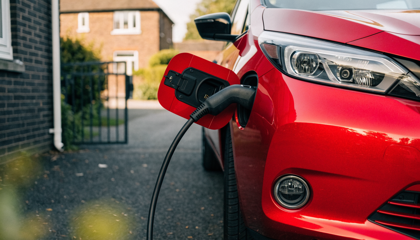 A red Nissan Leaf on a UK driveway with its front charging flap open and a cable plugged in, in soft morning light.