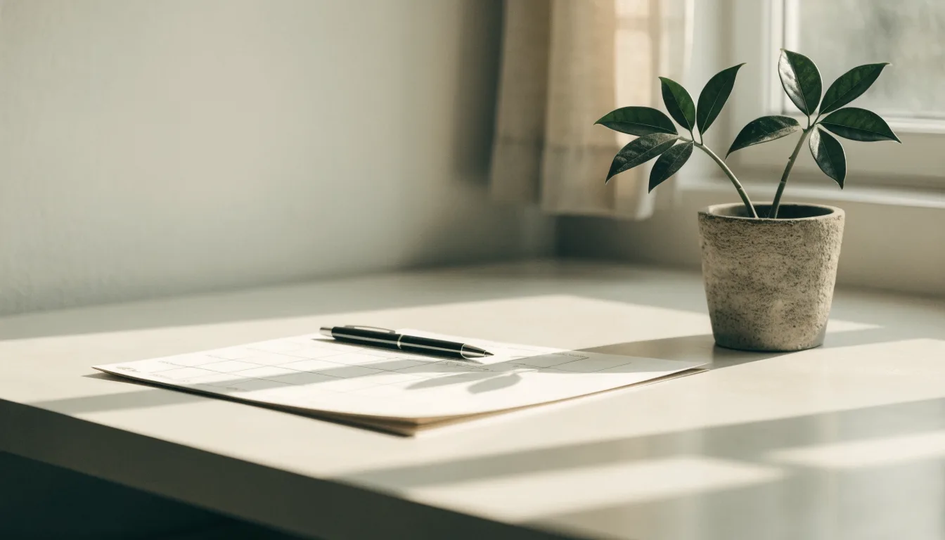 A calendar page and a pen on a pale desk beside a small potted plant in morning light.