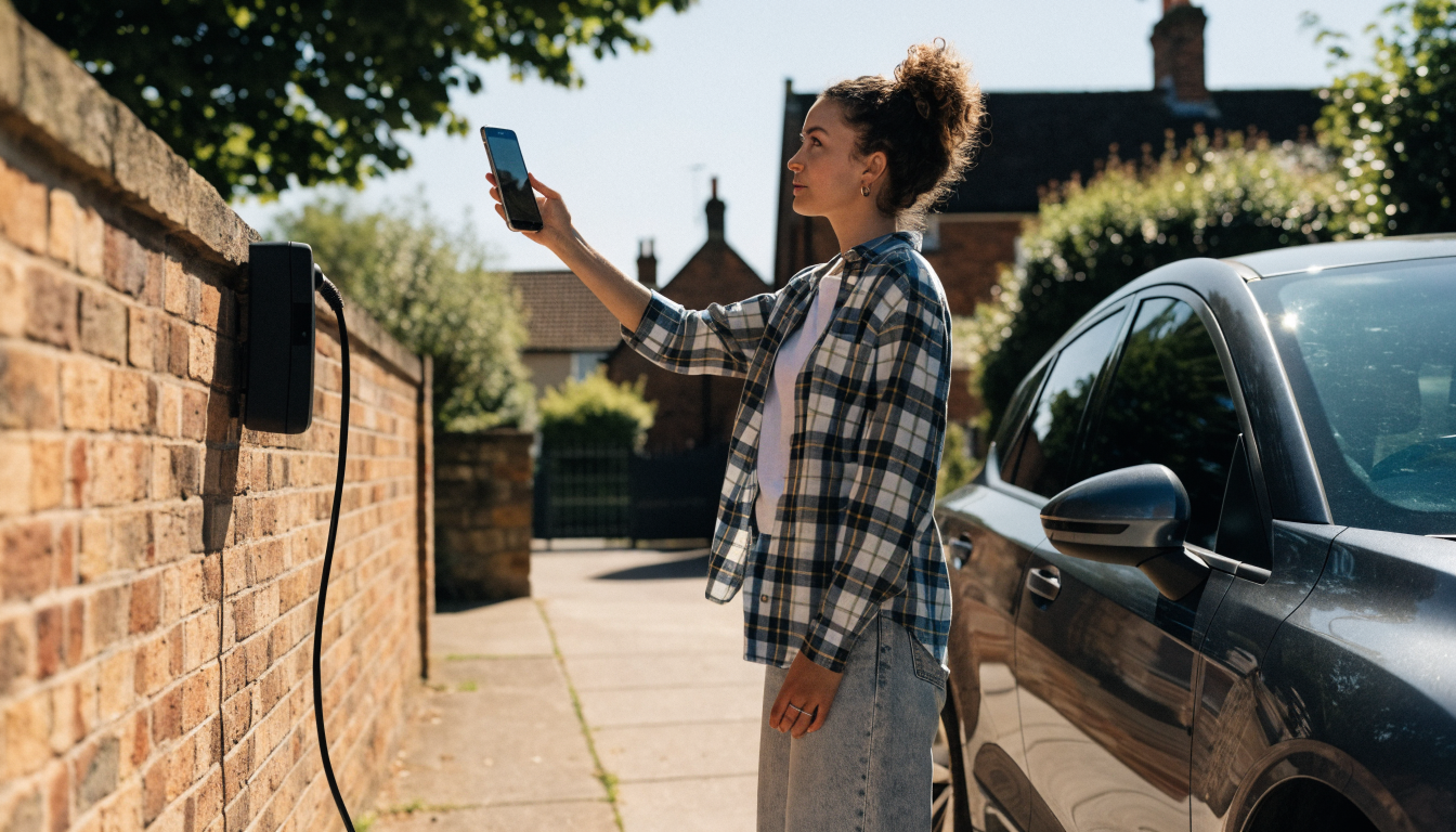 Beside her parked car, a woman checks her phone screen while a home charge point sits on the wall nearby, lit by fading daylight.