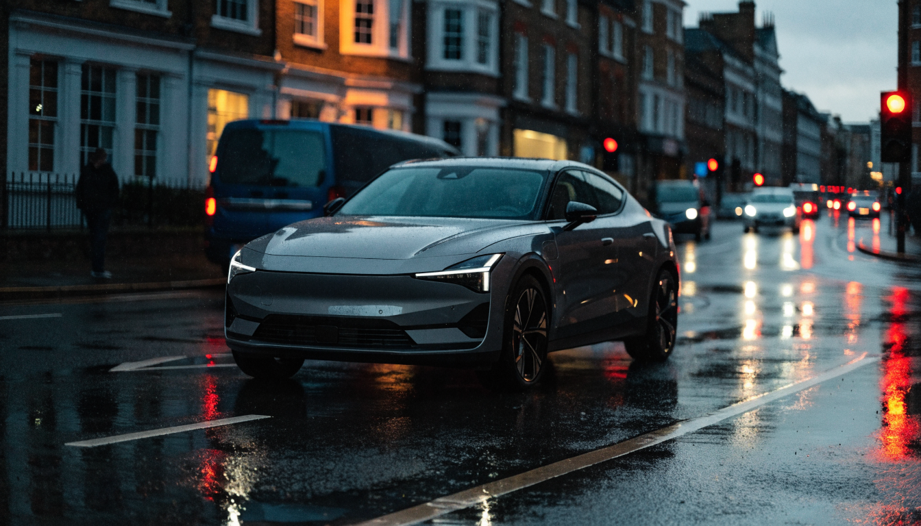 A dark grey Polestar 2 halted at a junction after dark, its bodywork catching coloured light reflected off the soaked road.