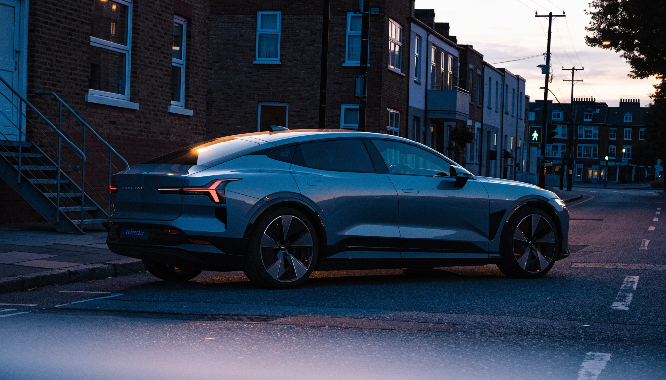 A matte grey Polestar 4 coupe-SUV parked on a UK street at dusk, its sloping roofline and glass roof visible from the rear three-quarter angle.