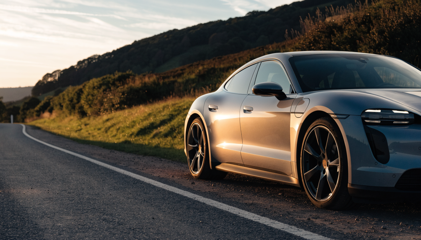 A silver Porsche Taycan saloon parked on a UK country road at golden hour, sunlight catching its low, sculpted bodywork.
