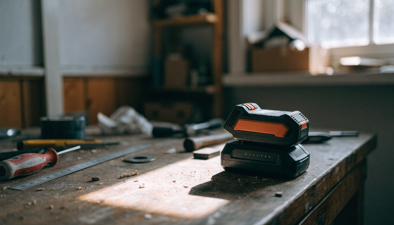 A cordless tool battery sits charging on a wooden workbench surrounded by hand tools, lit by natural light from a garage window.