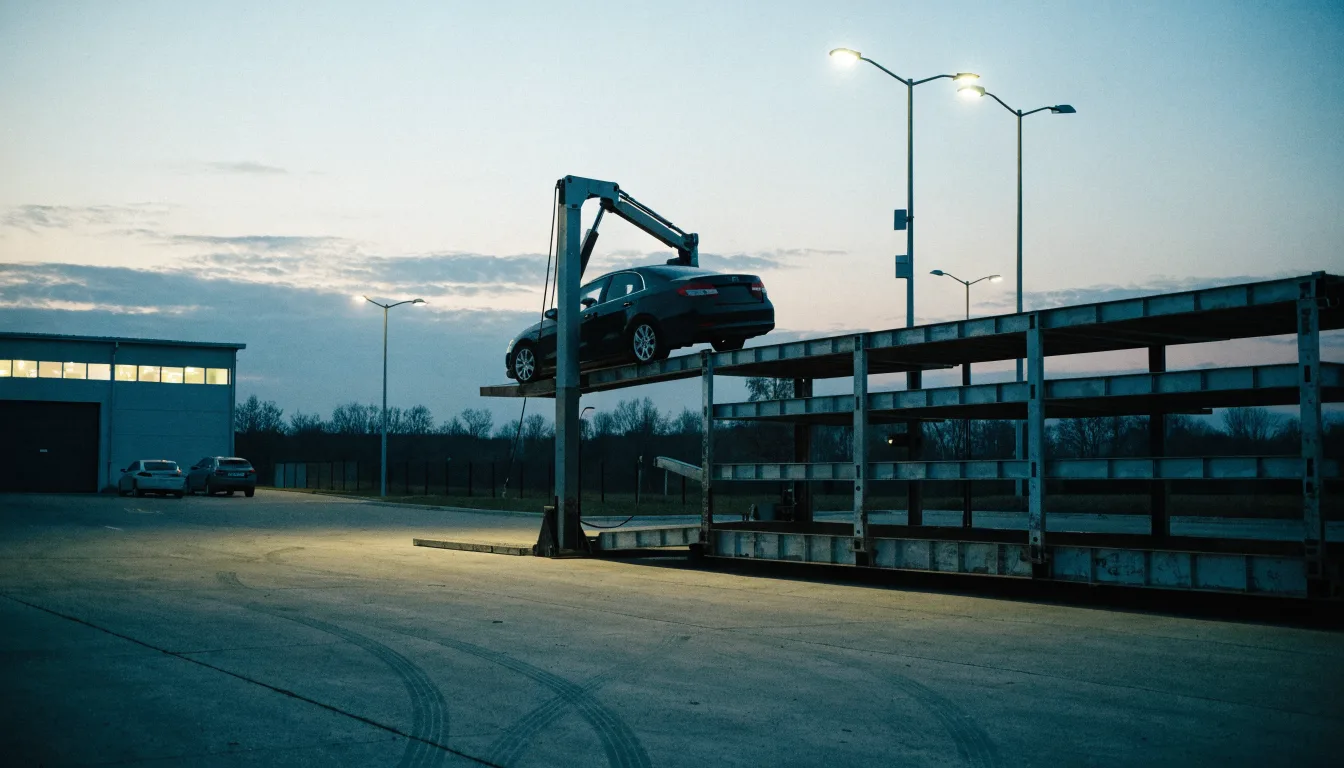 A car being loaded onto a transporter at a dealership forecourt at dusk.