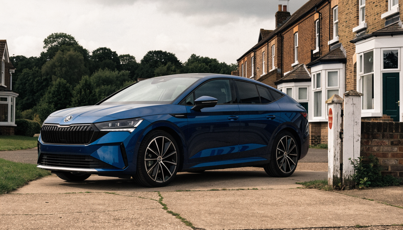 A deep blue Skoda Enyaq Coupe parked on a UK driveway under overcast daylight, its sloping coupe roofline visible from the side.