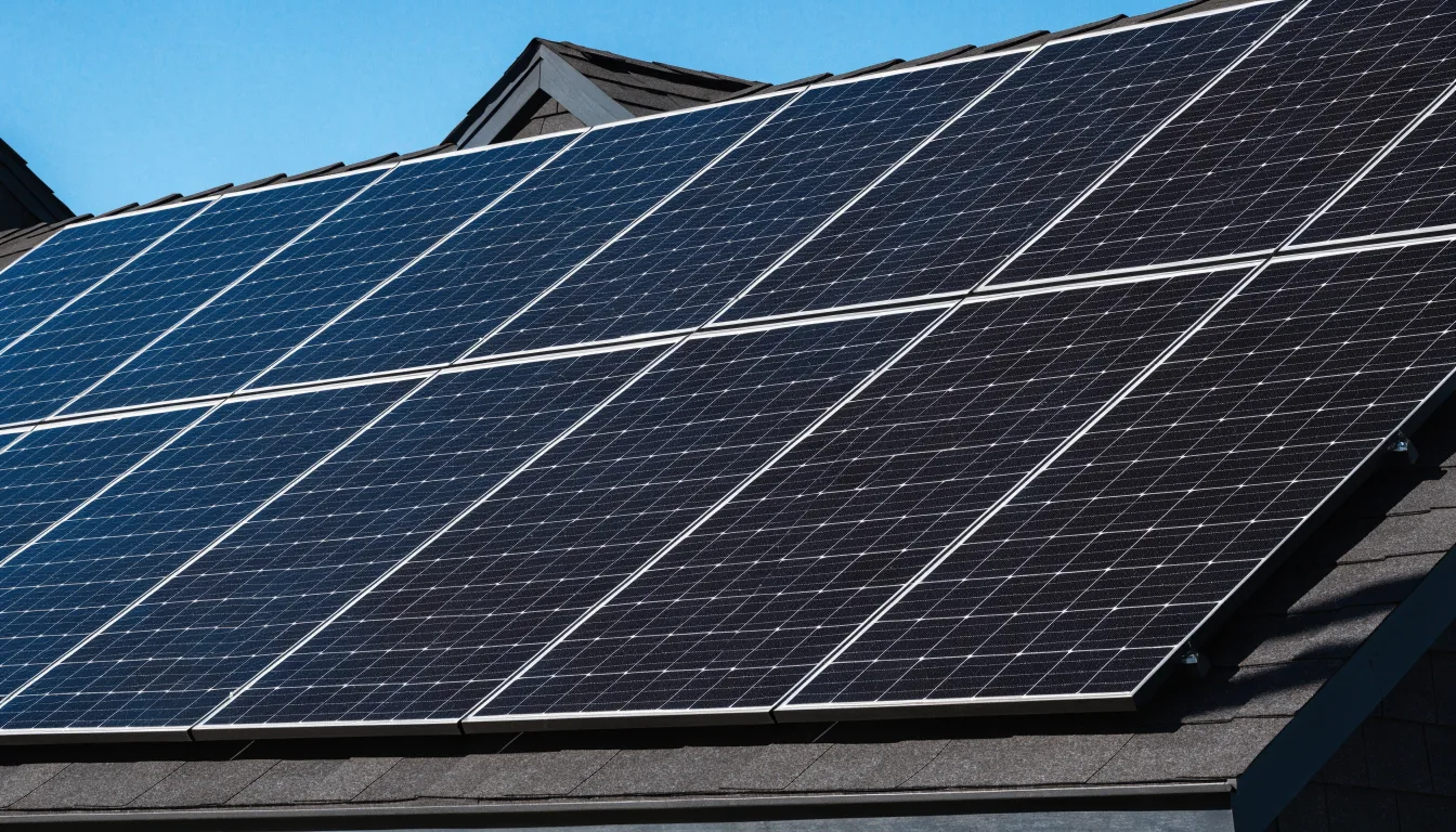 Dark solar panels covering a pitched house roof against a clear blue sky.